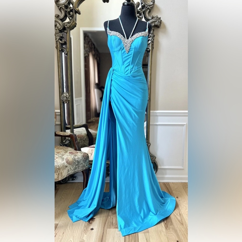 Portia and Scarlett Turquoise Blue Maxi Formal Evening Fitted Gown Size 4 - Picture 3 of 16
